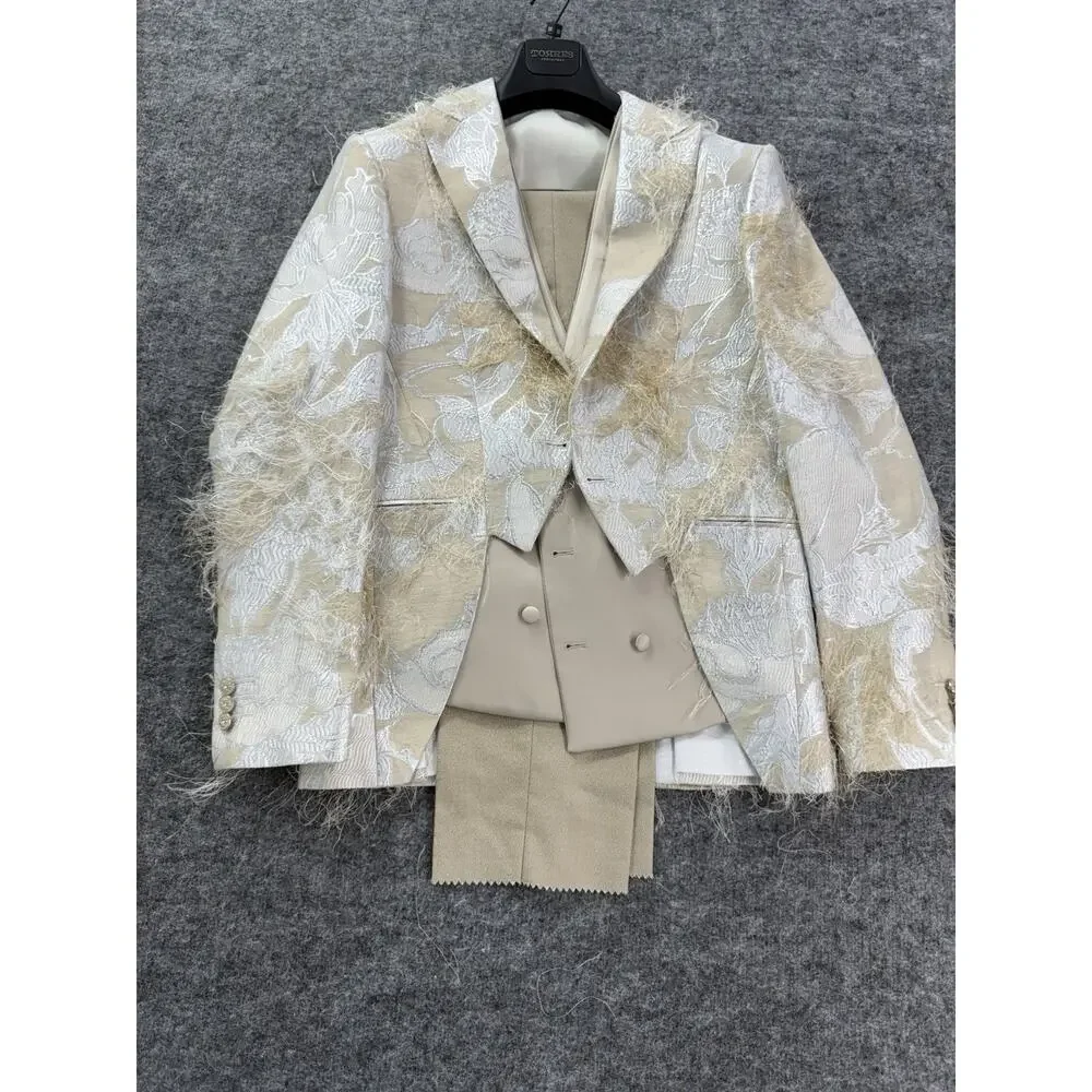 Torres Mens Tuxedo Suit 40 US 50 EU Beige Floral Borcade Tasseled 3pcs Set t12